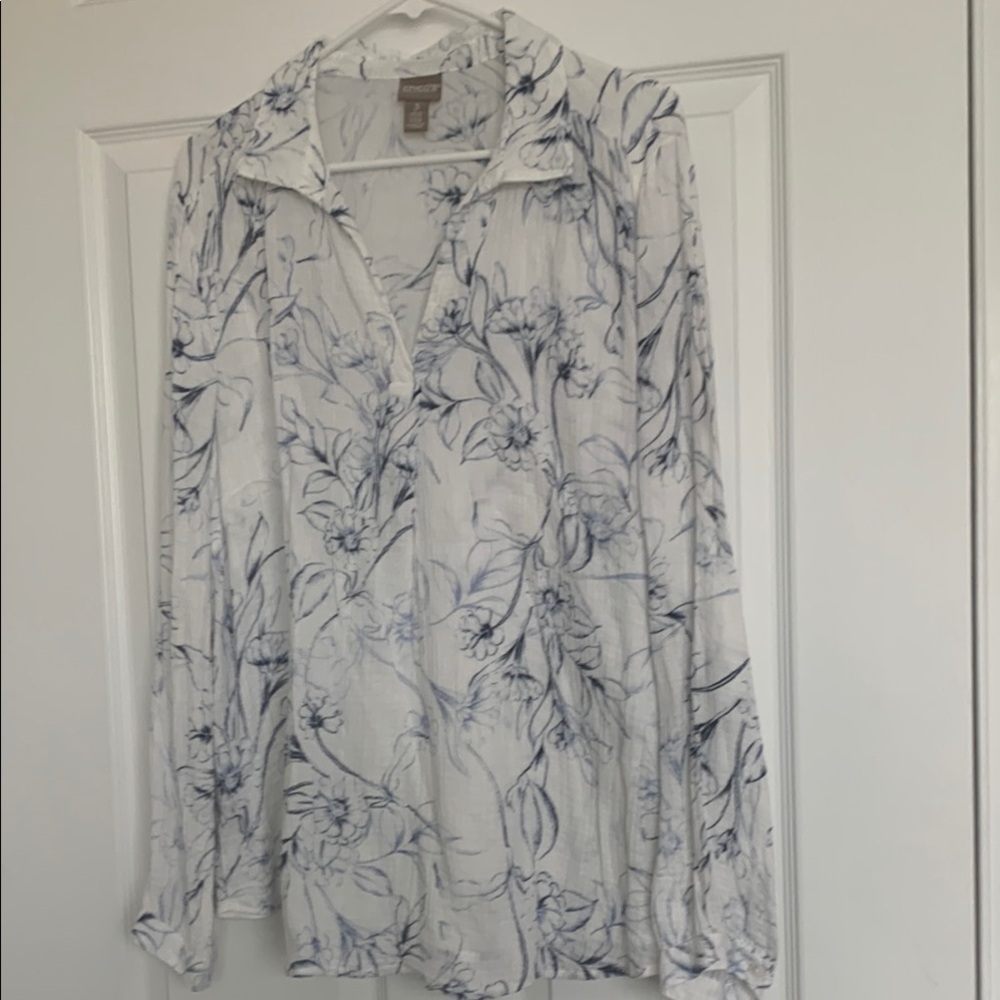 Chico’s Cotton White and Blue Floral Blouse